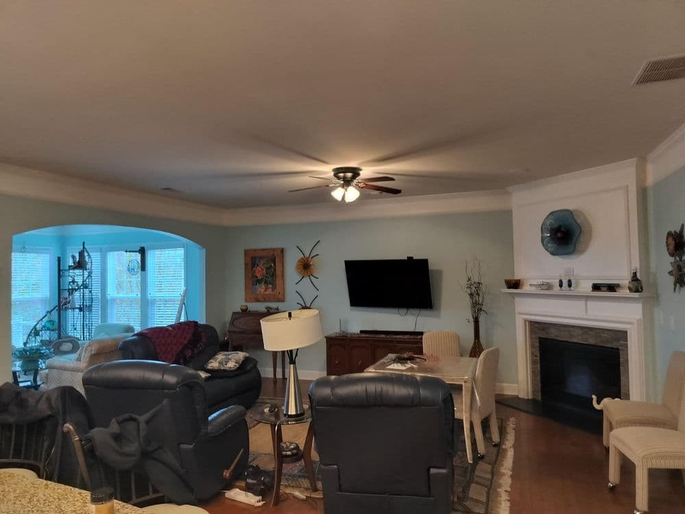 Cozy living room with blue walls, ceiling fan, and modern decor featuring a fireplace.