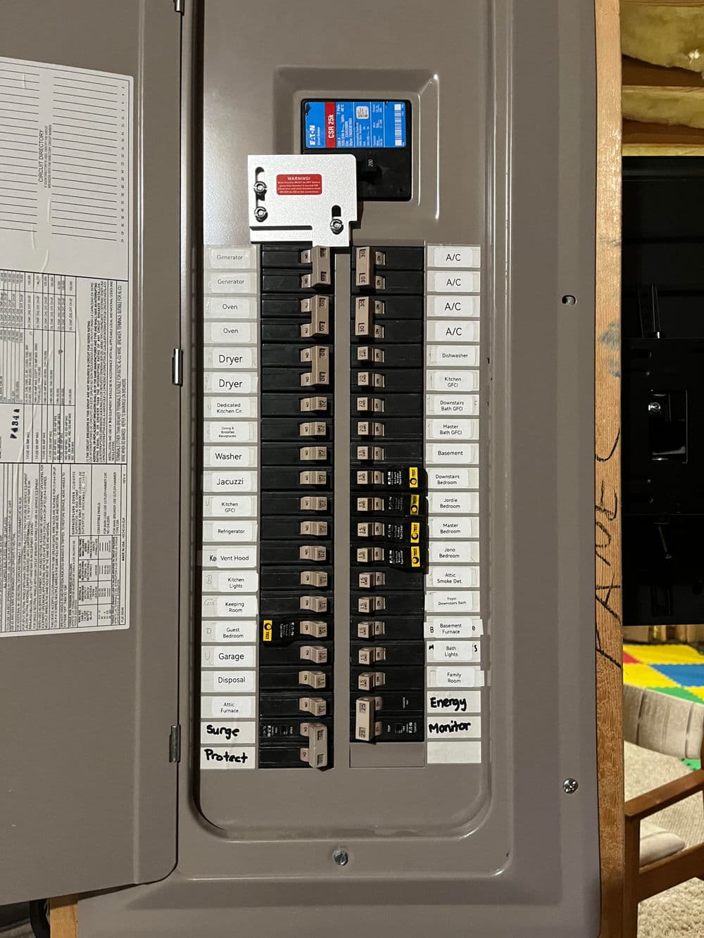 Electrical panel with labeled circuit breakers and surge protector in a residential setting.